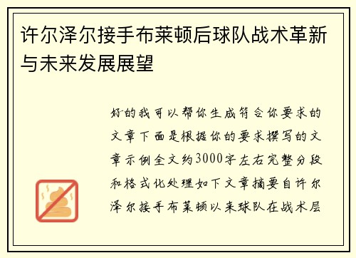 许尔泽尔接手布莱顿后球队战术革新与未来发展展望